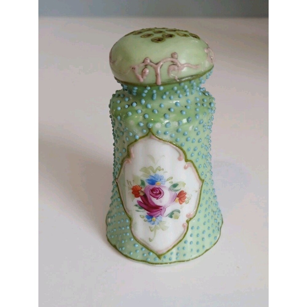 Vtg Mint Green Hobnail Roses Floral Victorian Porcelain Hatpin Holder